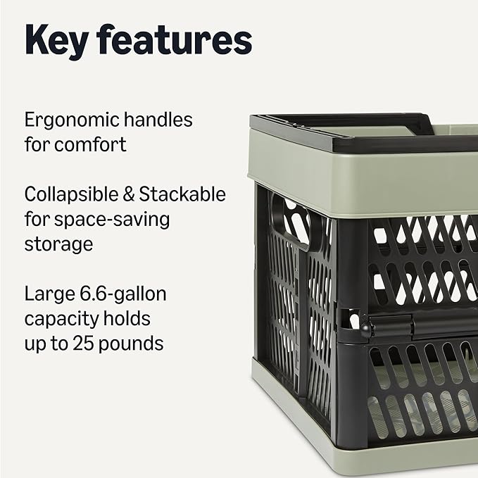 Amazon Basics Collapsible Plastic Grocery Shopping Baskets with Handles, 3 Pack, 6.6 gallon, Green