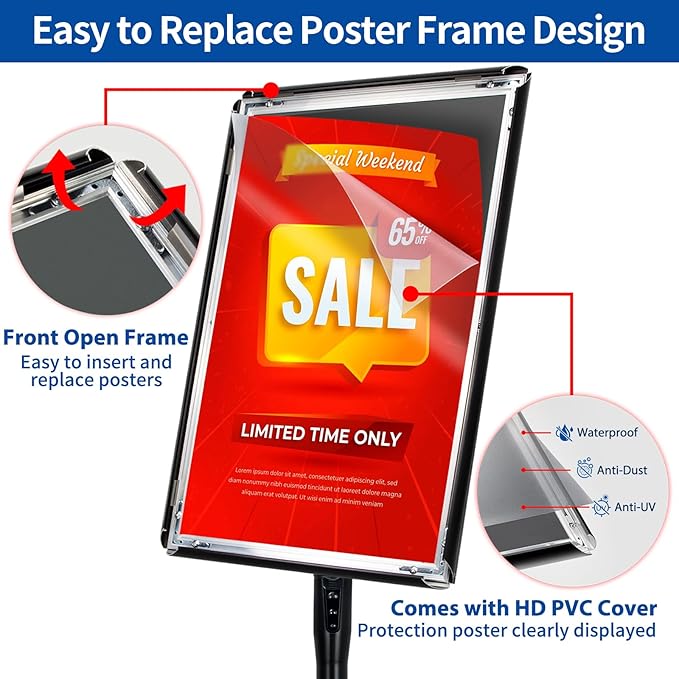 Adjustable Sign Holder Stand - 2Pack 11x17 Inch Pedestal Poster Sign Stand, Heavy Duty Floor Standing Sign Stand Aluminum Snap Open Frame for Church Business Store Sign Holder Stands (Black)
