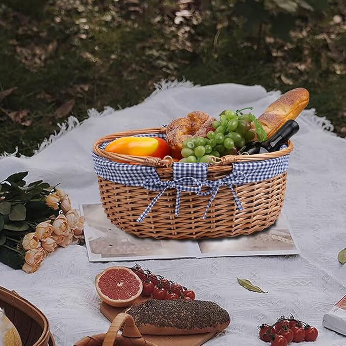 Large Wicker Picnic Basket with Handles,Handle Sturdy Woven Body with Removable and Washable Lining,Outdoor Camping,Gift Packing,Garden Picking, Storage.Blue