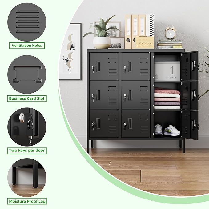 Aobabo 9 Doors Steel Storage Locker Cabinet for Employees, Metal Locker for School Office Gym Bedroom, Industrial Storage, Black, Assembly Required