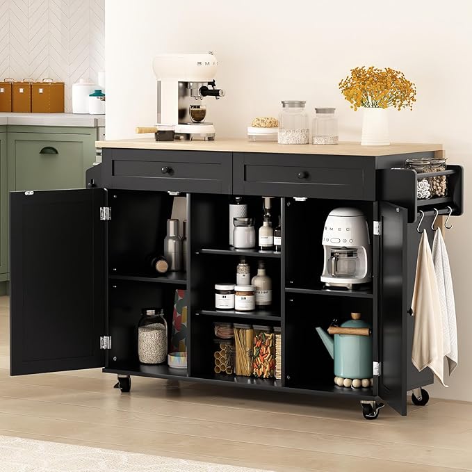 HLR Kitchen Island On Wheels, Black Rolling Kitchen Island Cart with Drop Leaf Countertop, Barn Door Kitchen Islands Table with Storage Cabinet and Tower Rack, Island Table for Kitchen