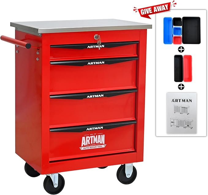 4-Drawer Heavy-Duty Rolling Tool Chest with Wheels & Steel Roof, Lockable Tool Chest Storage Cabinet for Garage, Workshop, Warehouse, and Repair Shop