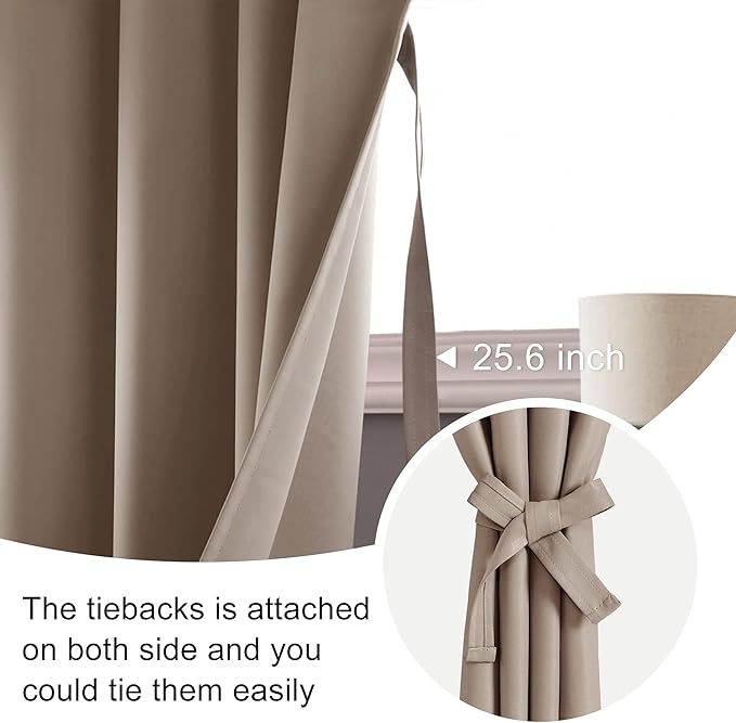 JIUZHEN Blackout Curtains for Bedroom - Thermal Insulated Room Darkening Noise Reducing, 60 x 96 Inch Length Curtains for Living Room, Set of 2 Panels with Tiebacks, Camel