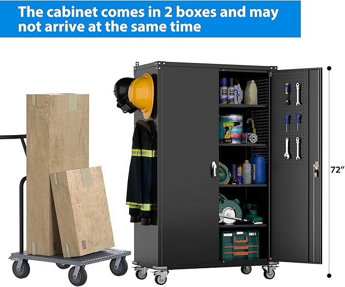 43.3''W x 22''D x 72''H Wide and Deep Garage Storage Cabinet with Wheels & Pegboard & 9 Hooks, Lockable Metal Storage Cabinet with 2 Doors and 4 Adjustable Shelves for Garage, Home, Black