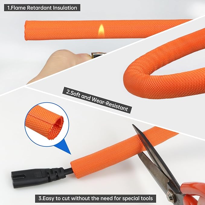 Split Braided Cable Sleeve，Flexible Wire Loom Tubing, Automotive Cord Protector Pet Proof, Cable Management for Computer TV Electric Wires Harness 16ft (Orange, 13mm（1/2")