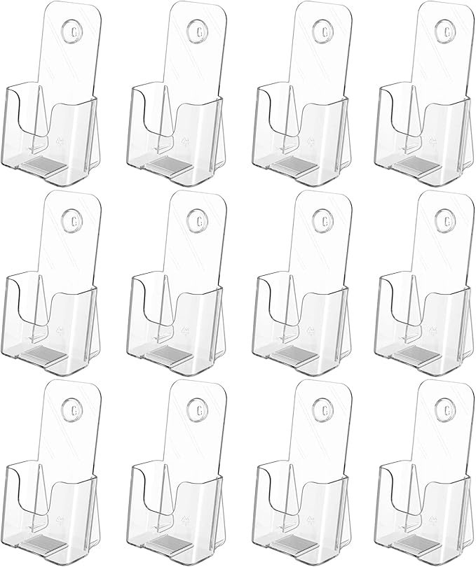 MaxGear Acrylic Brochure Holder, Trifold 4 inches Wide Plastic Literature Holder For Pamphlets, Flyers, Rack Cards,Wall Mount Clear Countertop Organizer Display Stand, Office or Home Use, 12 Pack