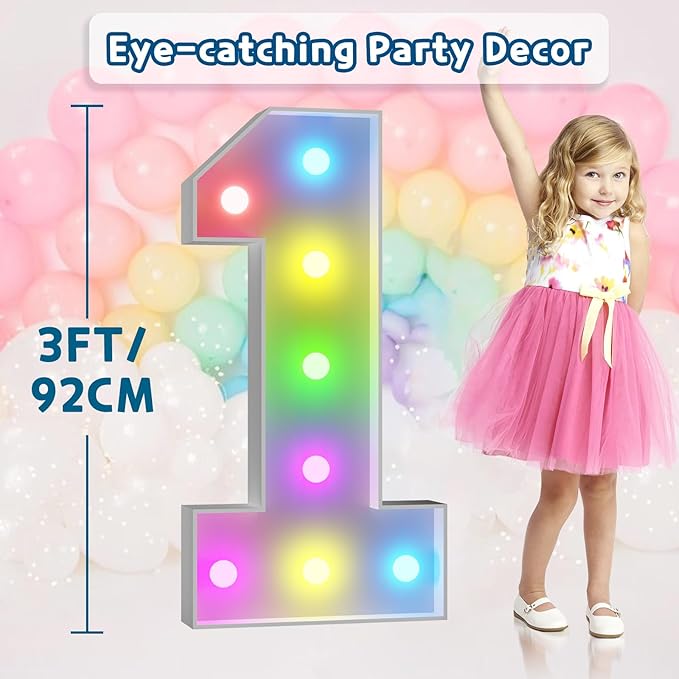 imprsv 3FT Colorful Marquee Numbers,18 Colors with Remote, Light Up Numbers 1 for 1st 10th Birthday Decorations Anniversary Party Decor, Pre-Cut Foam Board Kit, Mosaic Sign for Balloon