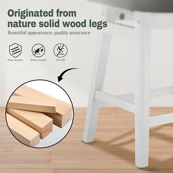 Counter Height Bar Stools Set of 6 for Kitchen Counter Farmhouse Modern Barstools with Faux Leather Upholstered Backless Seat and Solid Wood Legs 24 inch Bar Chairs, Grey + White
