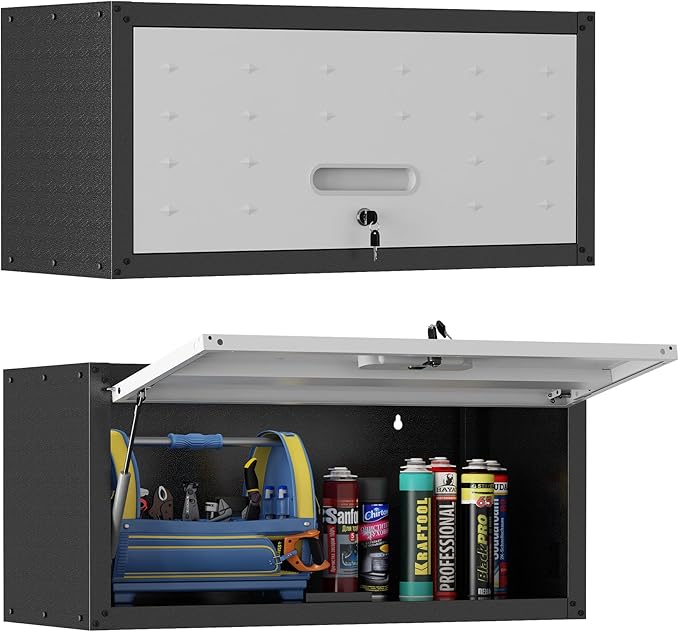 Metal Wall Cabinet with Up-flip Door,Heavy Duty Garage Wall Mounted Storage Cabinets,Tool Cabinets for Garage,Kitchen,Warehouse,Office,Assembly Required