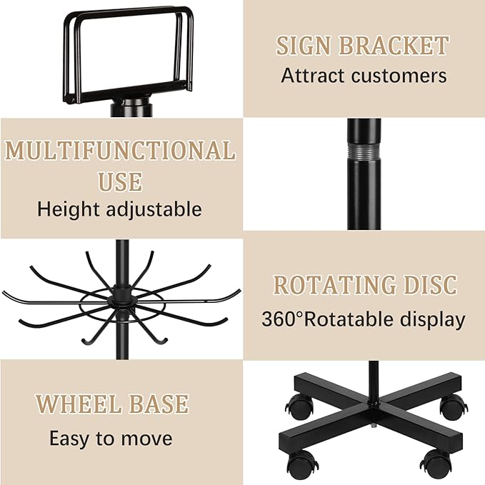 Retail Display Stand Store Display Rack 6 Tier Metal Spinning Display Stand Rack with Wheels Keychain Jewelry Stocking Hat Stand with Hooks for Malls, Showroom, Retail Store (6 Tier Black)