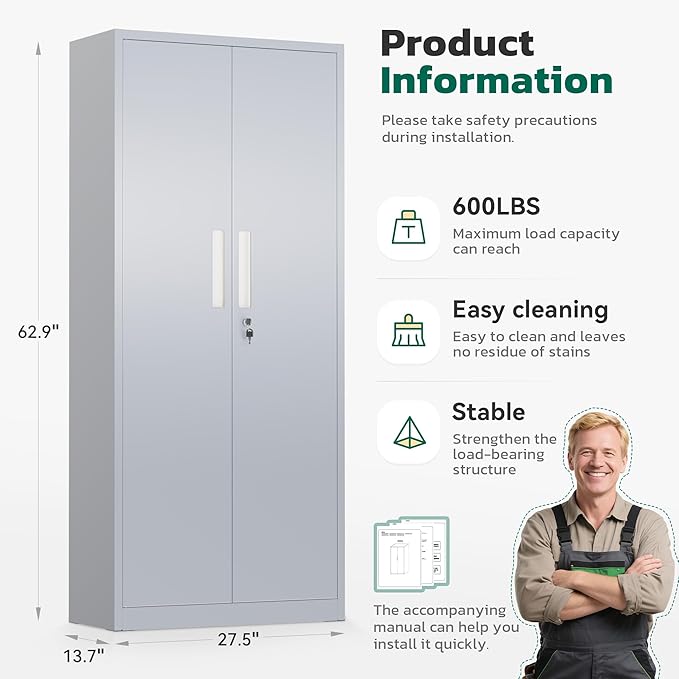 Greenvelly 63" H Metal Storage Cabinet Dark Grey, Locking Metal Cabinet, Store Tools, Clothes, Tableware and Toiletries, Garage Cabinets with Adjustable Shelves for Office, Home, Garage, Pantry