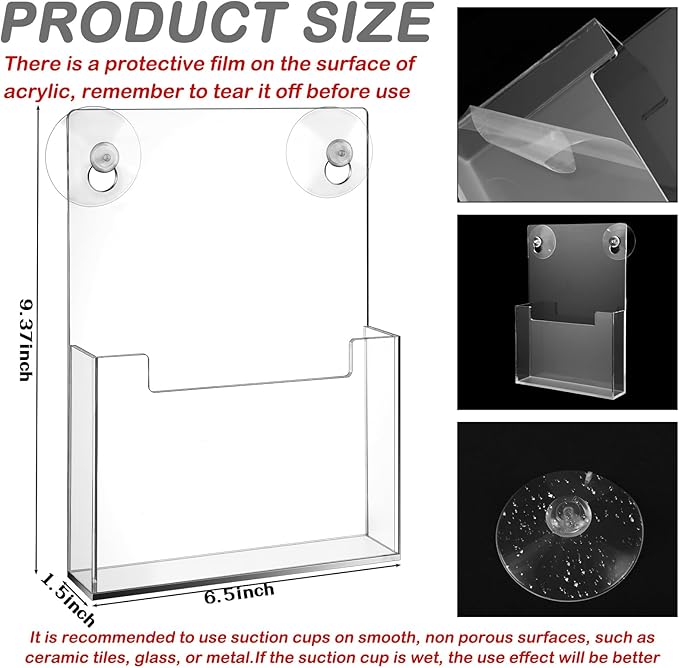 Thyle 2 Pcs Acrylic Brochure Holder with Suction Cups Wall Mount Window 9 x 6 Inch Clear Plastic Pamphlet Organizer Flyer Display Rack for Trifold Page Booklet Sticker Marketing Office Retail Shop