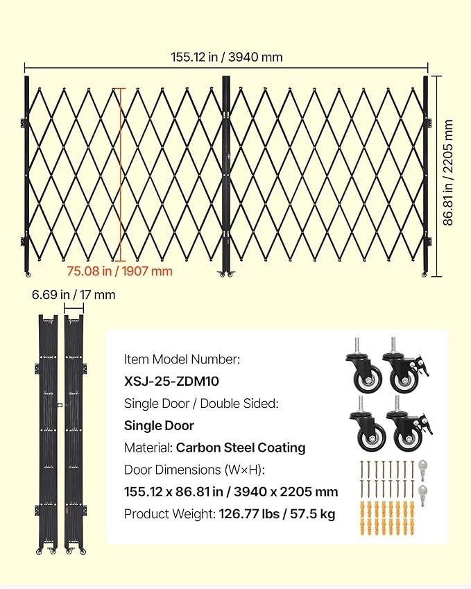 VEVOR Double Folding Security Gate, Lockable Scissor Gate with 360° Swivel Casters, Outdoor Barricade Steel Retractable Gates, for Entry Security, Garage, Warehouse & Pool, 155.12 x 86.81 in (W x H)