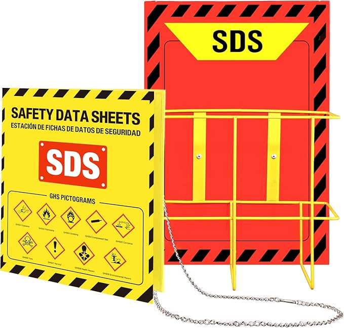 MSDS SDS Binder and Wall Station,Yellow Heavy Duty 3 Inch Material Safety Data Sheet 3 Ring Binder with SDS Wire Rack and Display Sign,Chain,Mounting Hardware,Safety Posters and MSDS Labels
