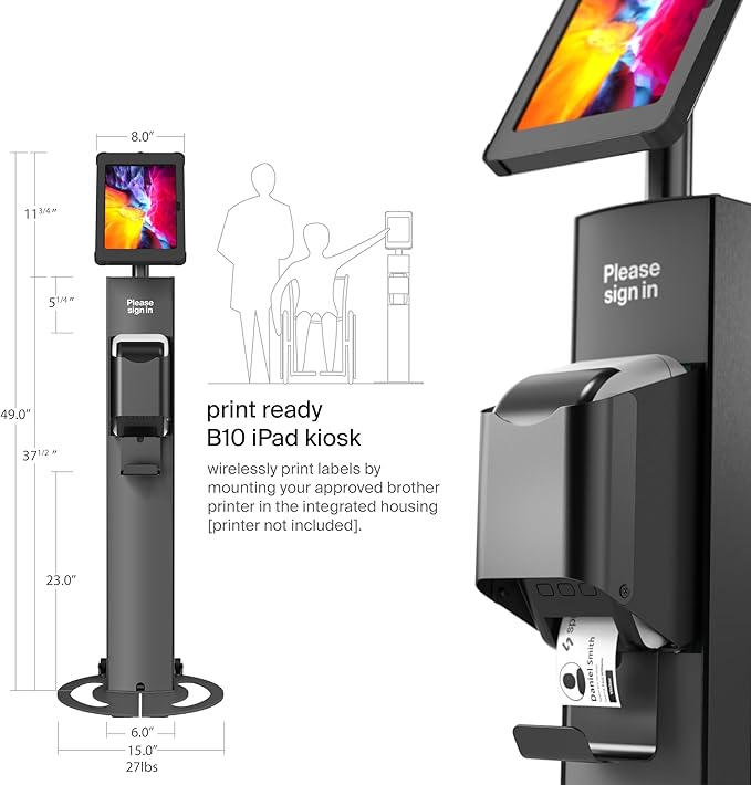 SPROCKET T Print Label & Badge Printer Kiosk - Professional iPad Kiosk Stand with Brother QL Printer Integration - Anti-Theft Tablet Floor Stand for Visitor Badges & Check-Ins, iPad 11-inch (A16)