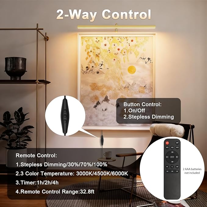 24" Plug in Picture Light for Paintings with Remote Control, 9W LED Art Display Lighting for Gallery, Dartboard, Artwork, Gold Finish Wall Mounted Picture Frame Light