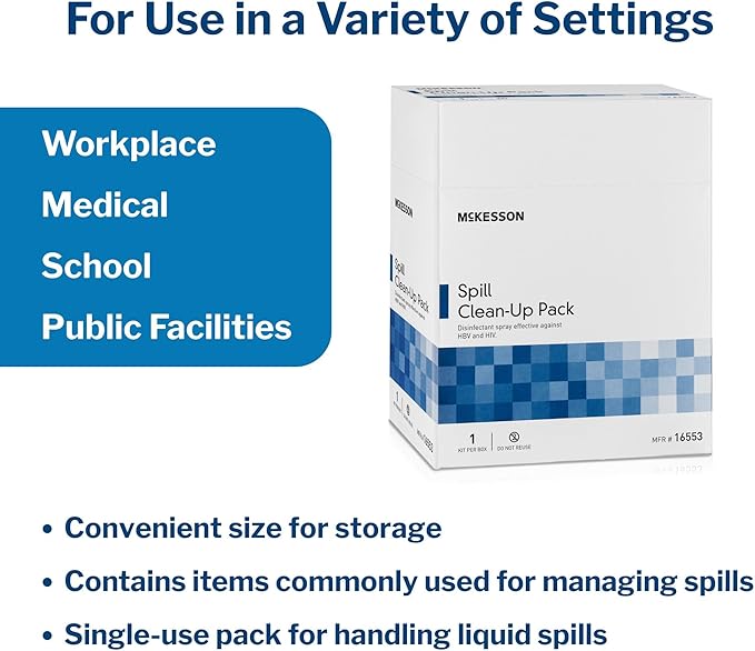 McKesson Bloodborne Pathogen Spill Kit [1 Kit]– Bodily Fluid Clean-Up Pack with Gloves, Hand Wipes, Disinfectant & Fluid Solidifier – First Response Spill Kit for Workplace, School & Medical Use