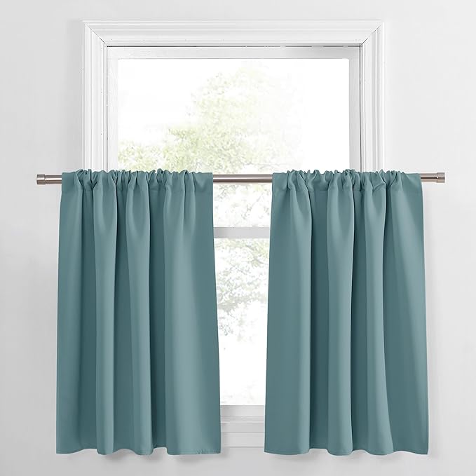 PONY DANCE Short Curtains for Kitchen - Home Decor Rod Pocket Thermal Insulated Window Treatments Light Block Panels for Bathroom, 42 W x 36 L, Greyish Blue, Set of 2