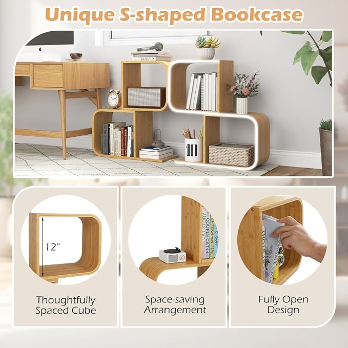 Giantex S-Shaped Bookcase, 2-Tier Bamboo Bookshelf with 2 Open Cubes, Geometric Corner Display Shelf, Decorative Storage Organizer, Floor Storage Rack for Living Room, Study, Home Office, Natural