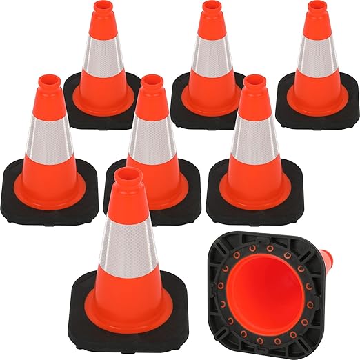 Fluorescent Orange/Green PVC Traffic Cones, Heavy Black Base Parking Lot Cone Structurally Stable Weatherproof Road Construction Safety Cones (8, Orange, 12" Small)