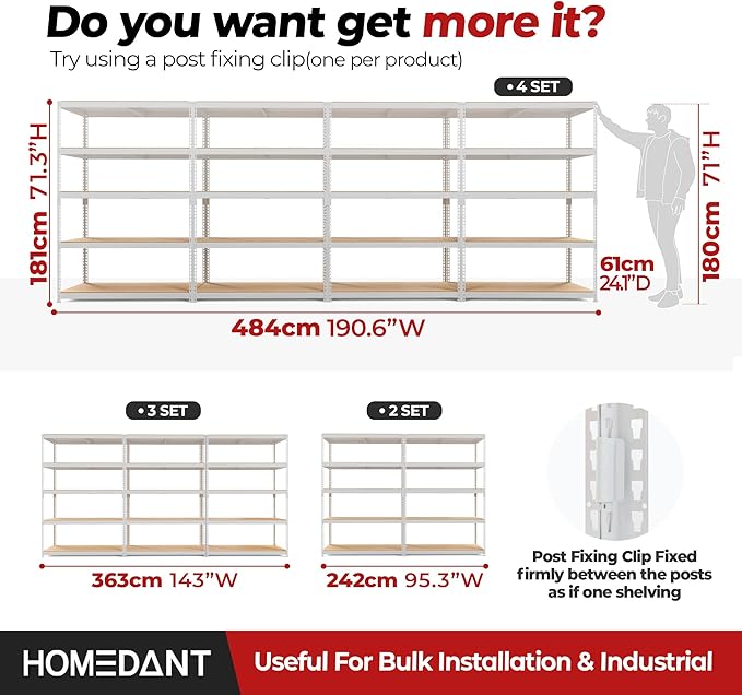 HOMEDANT 5 Tier Storage Shelves Adjustable Laminated Boltless Garage Metal Shelving Unit Heavy Duty Utility Rack Shelf Warehouse Pantry Closet Kitchen (4, (XL Deep) 48.1" W, White)