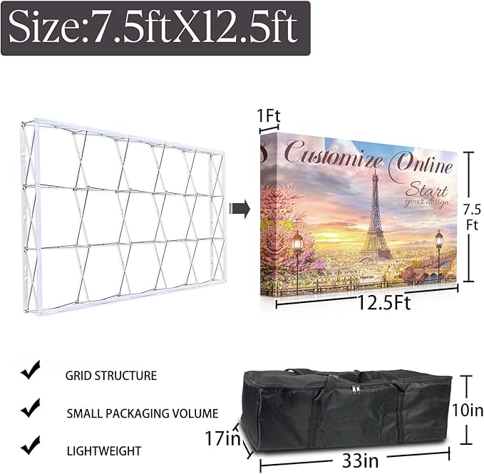 Customize Trade Show Fabric Pop Up Display Tension Fabric Banner Portable Aluminum Display Store Sign Holders Booth Holder Print and Frame Set 12.5×7.5 FT