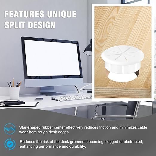 2-3/8" White Desk Grommet, JTemgle Flexible Cable Grommet with Bi-Metal Hole Saw Rubber Cable Hole Cover Wire Organizer Caps Desktop Cord Management for Home Office TV Stands Tabletops, 7 Pieces