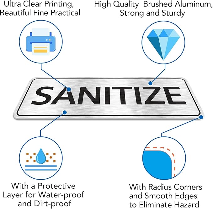 Faittoo Wash Rinse Sanitize Sink Labels Signs with Employees Must Wash Hands Sign, (4 Pack) 9" x 3" Rust Free Brushed Aluminum Sign, Self-adhesive, for Restaurant, Hotel, Rest Stops, Company
