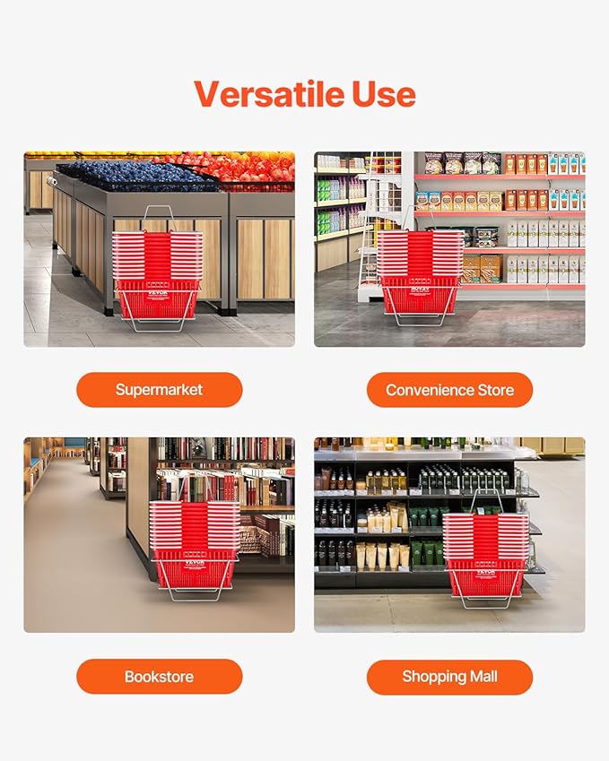 VEVOR 12 PCS Red Plastic Grocery Basket, 16.5 x 11.8 x 8.27 inch Rectangular, 21L Capacity, Modern Style, No Lid, PE Material, Ideal for Supermarket, Shopping Center, Convenience Store