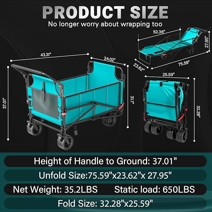 LEVELEVE Heavy Duty Folding Wagon - 2-in-1 Collapsible Cart, 650lb Capacity, All-Terrain Wheels w/Brakes & Side Pockets