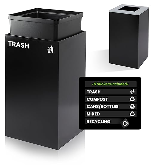Alpine Industries 29 Gallon Commercial Indoor Recycle Bin, Modern Black Metal Container with Optional Lids