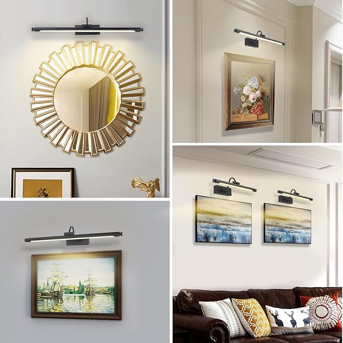Black Wireless Picture Light, 23.6" Rechargeable LED Art Lamp with Remote, Dimmable Brightness, Timer & Adjustable Arm for Paintings, Mirrors, and Frames