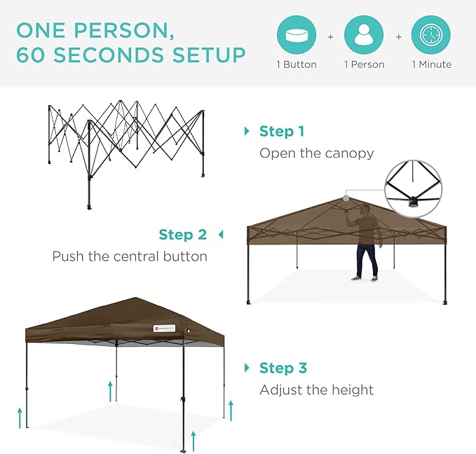 Best Choice Products 10x10ft 1-Person Setup Pop Up Canopy Tent Instant Portable Shelter w/ 1-Button Push, Case, 4 Weight Bags - Brown