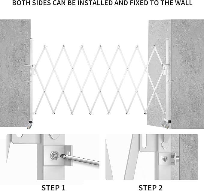 Expandable Barricade Gate,82" Metal Safety Barrier Gate with Casters,Accordion Garden Yard Outdoor Indoor Fence Folding Security Dog Gates Wall Mount,White