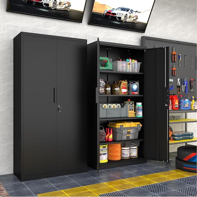 Metal Garage Storage Cabinet with Lock, 71" Tall Steel Storage Locker with 4 Adjustable Shelves, Heavy Duty Metal Cabinet for Garage, Office, Home, 31.5”W × 16.5”D, Black