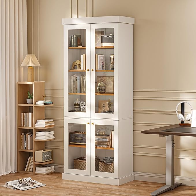 70.8" Bookshelf with Glass Doors, Farmhouse Modular Bookcase with 6-Tier Adjustable Shelves, Large Storage Cabinet for Living Room & Home Office, Set of 2, White