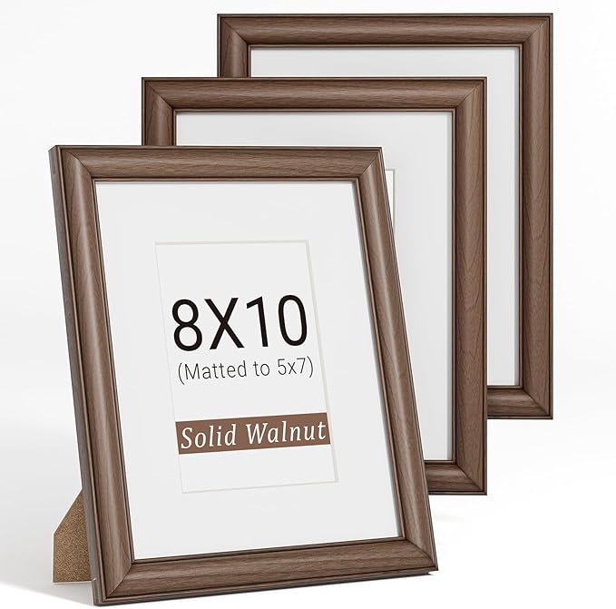 Natural Walnut 8x10 Picture Frames Mat to 5x7 Picture Display Set of 3,Original Wood Handcrafted 8x10 Wooden Photo Frame with Tempered Glass Graduation Family Wedding Pictures Tabletop & Wall Decor