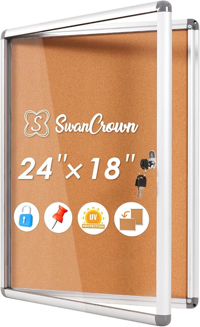 SWANCROWN Enclosed Bulletin Cork Board 24x18 in, Lockable Bulletin Board Tamperproof Wall Display Case for Office School Trade Community, Aluminum Frame
