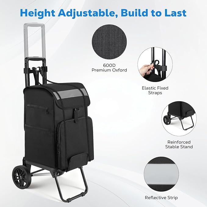 Housolution Foldable Shopping Cart for Groceries, 300LBS Collapsible Portable Grocery Carts on Wheels, 2 in 1 Rolling Hand Truck with Detachable Bag, Folding Utility Cart for Shopping and Travel