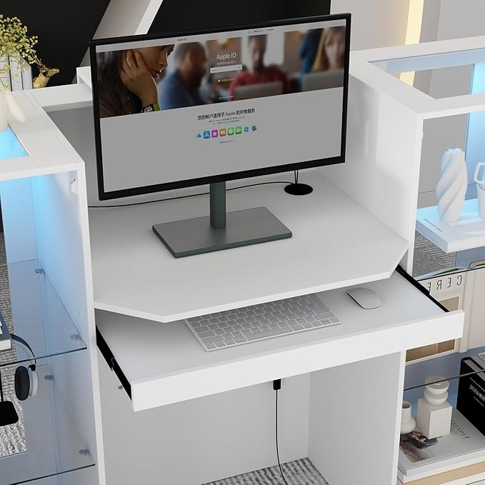 Reception Desk with Counter, 59.1 inch Front Desk with LED Light & Glass Display Shelf, Reception Room Table with Cable Grommet, Retail Counter Salon Reception for Checkout, White