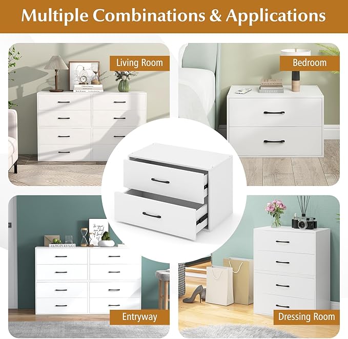 SIMOE White Stackable 2-Drawer Dresser for Bedroom, Short Storage Cabinet with Handles and Anti-Topping Device, Small Chest of 2 Drawers for Bedroom