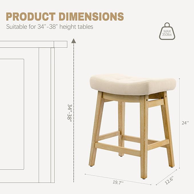 Counter Height Bar Stools Set of 4 for Kitchen Counter, Backless Farmhouse Kitchen Island Barstools with Upholstered Fabric Saddle Seat and Solid Wood Legs Modern 24 inch Bar Chairs, Khaki