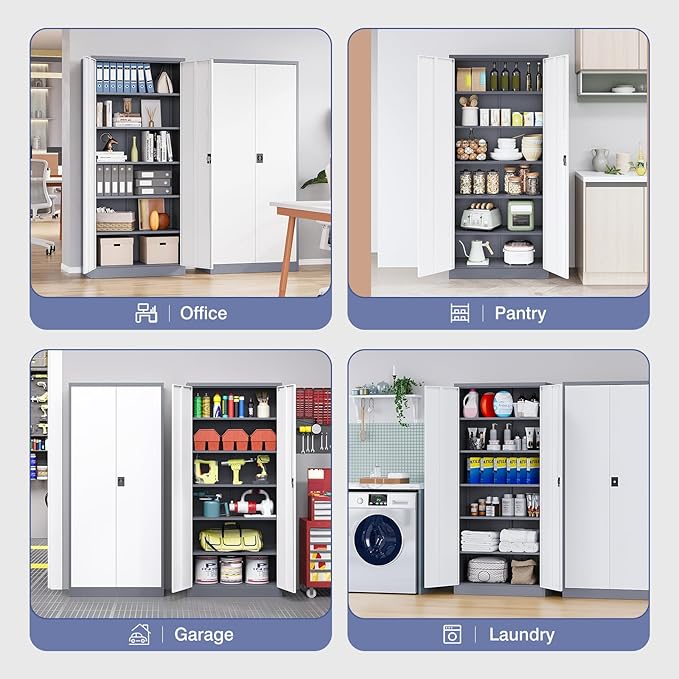 Metal Cabinet,Locking Storage Cabinet with 2 Doors and 5 Adjustbale Shelves,72" Tall Tool Steel Cabinets for Garage,Home Office,School,Gym(Grey & White)