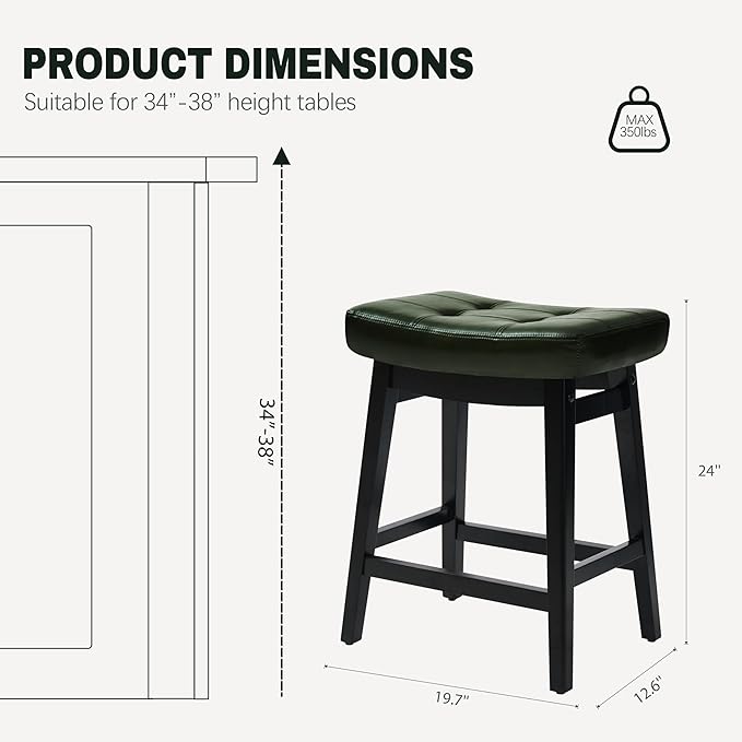 Counter Height Bar Stools Set of 4 for Kitchen Counter Farmhouse Modern Barstools with Faux Leather Upholstered Backless Seat and Solid Wood Legs 24 inch Bar Chairs, Green + Black