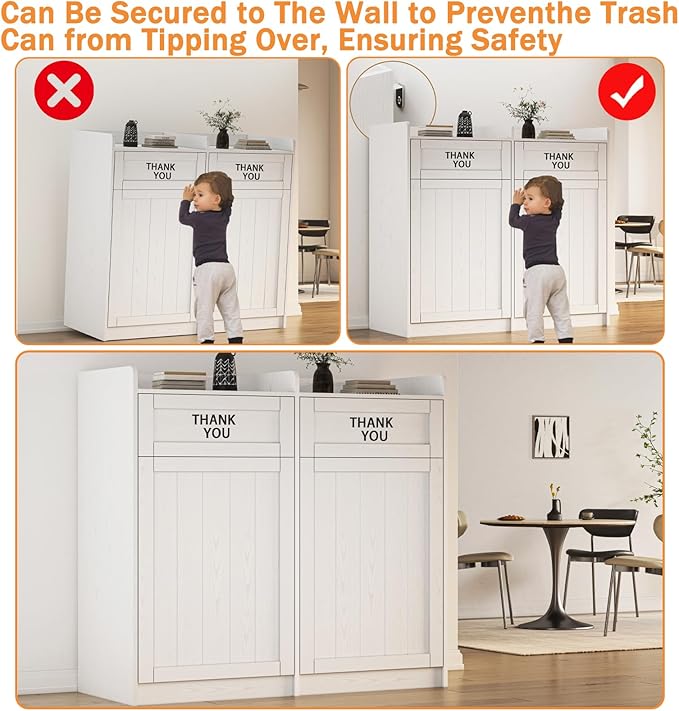 Restaurant Trash Can Cabinet Double 40 Gallon, Wooden Commercial Trash Can with Tray Holder, Large Garbage Cabinet for Restaurant Cafeteria Office, White