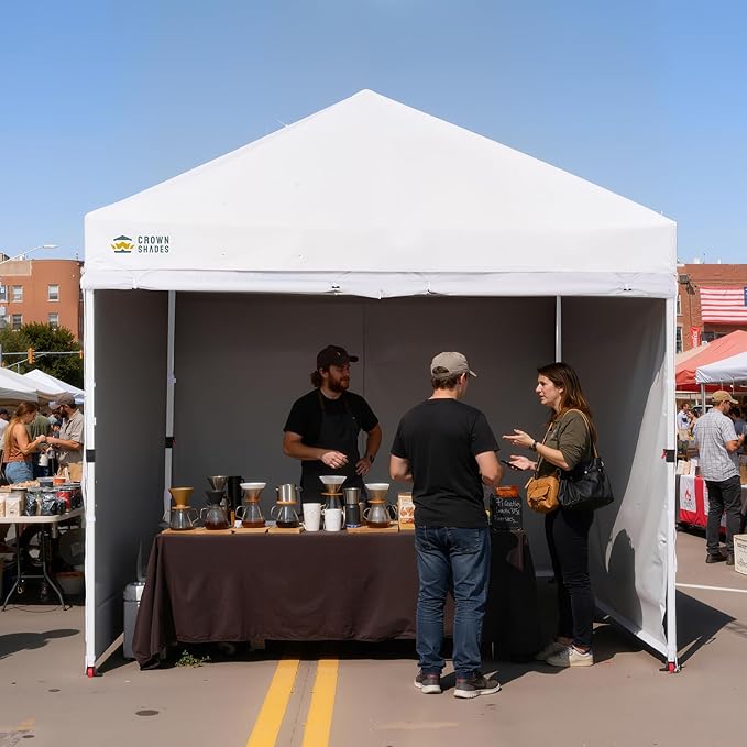 CROWN SHADES 10X10 Comercial Instant Canopy Pop Up Tent with Center Lock, 300D Fabric, 4 Sidewalls, Sto'N Go Bag, White