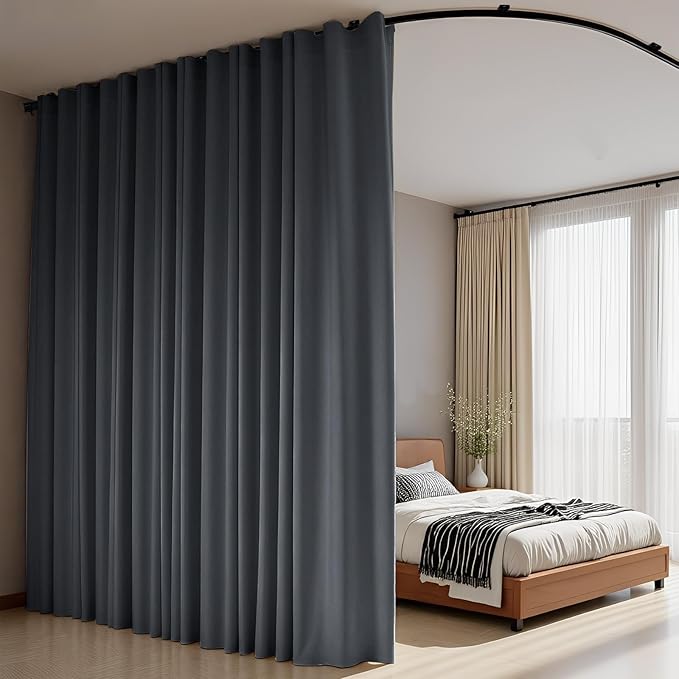 Room Divider Curtains Flexible Ceiling Tracks set Curtain track Ceiling Mount Blackout Curtain for Living Room Bedroom Ceiling Curtain Rod Privacy Dividers Panels W180 x H108 Grey Drape & Black rail