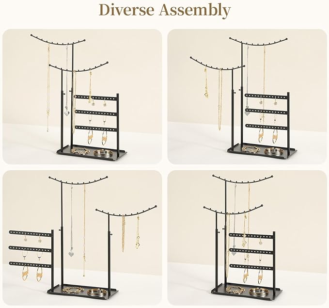 LAMU Jewelry Organizer, 5 Tier Jewelry Stand Display with Anti Entanglement Necklace Holder Tree, Height Adjustable Stroage for Earrings Rings Studs Bracelet, Christmas Gifts for Women Girls, Black