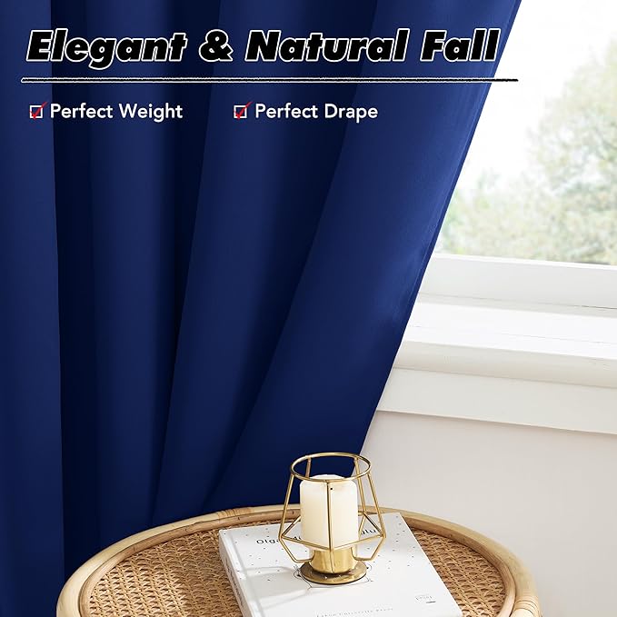 KGORGE Navy Blackout Curtains 63 inch Length, Privacy Room Darkening Rod Pocket and Back Tab Thermal Insulated Light Blocking Curtains for Living Room Bedroom, 52 x 63 Inch, 2 Panels