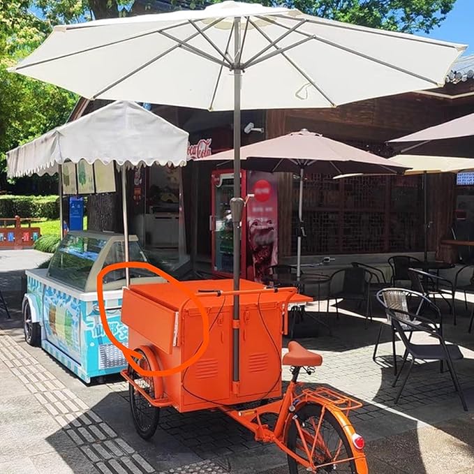Mobile Vending Bicycle Cart, Food Display Stand with Parasol, Large Storage Space, Perfect for Shopping Malls, Events, Streets(Orange)